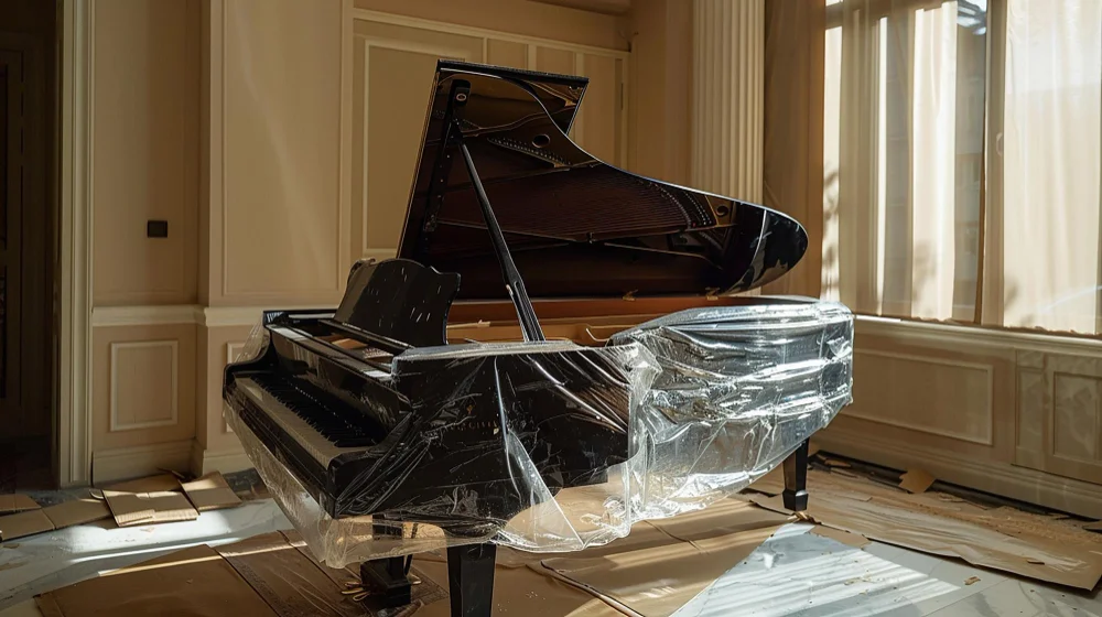 Grand piano wrapped in protective plastic before a move
