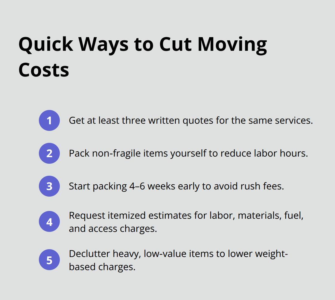 Compact list of actionable steps to reduce moving expenses - approximate cost of moving house