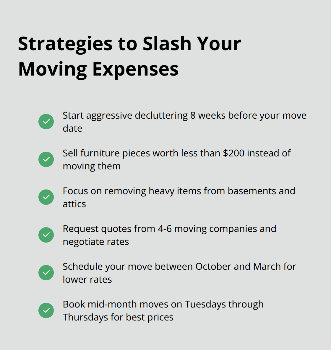 Checkmark list chart showing strategies to reduce the cost of moving a 4-bedroom house - average cost to move a 4-bedroom house locally