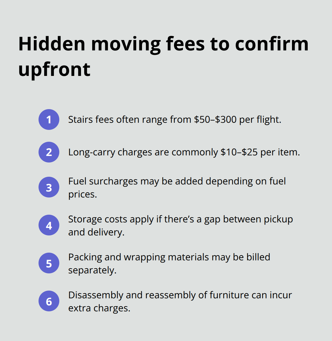 Compact list of common extra moving fees to verify in a binding estimate - cross country movers san francisco ca