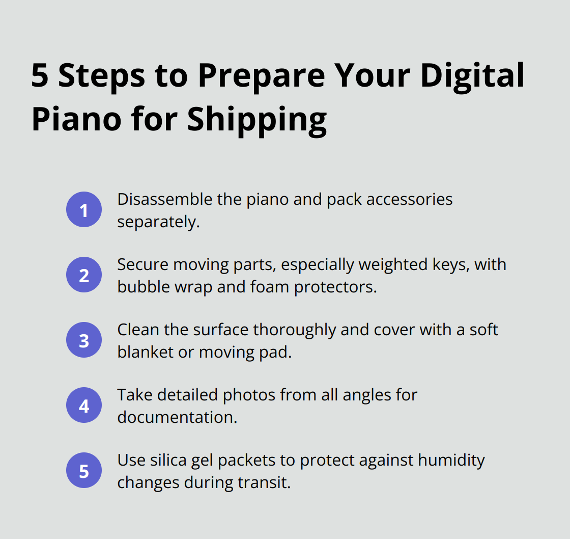 A list of 5 steps to prepare a digital piano for shipping: disassemble and pack accessories, secure moving parts, clean and protect the surface, photograph and document, and prepare for climate changes. - digital piano shipping box