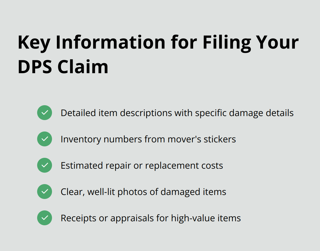 Checkmark list chart showing essential information to provide when filing a DPS military move claim