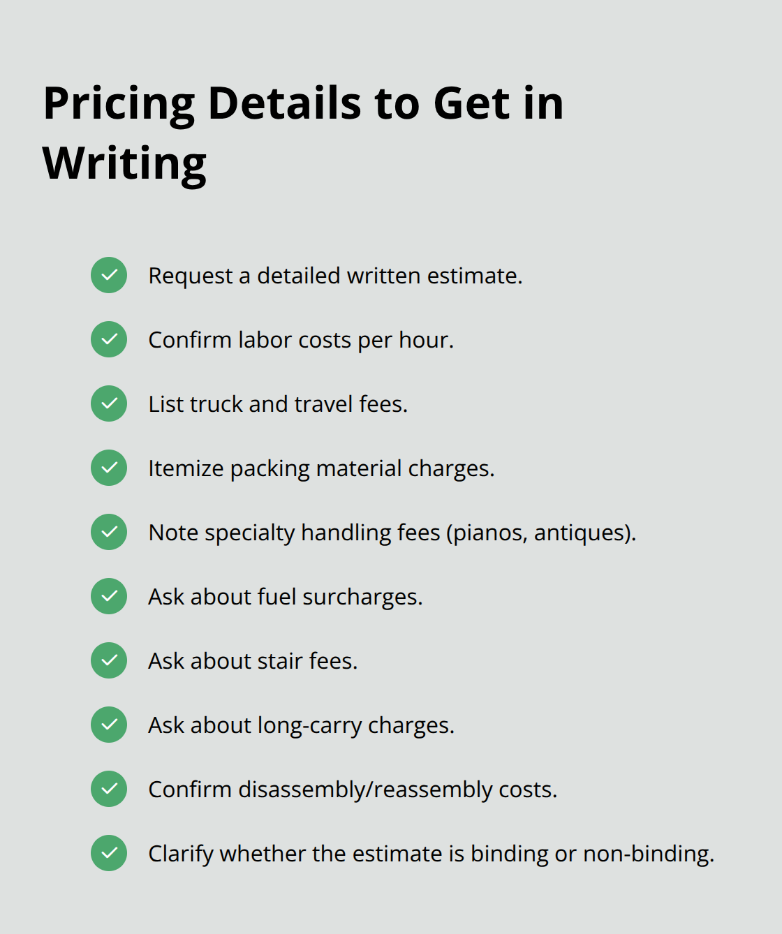 Checklist of moving estimate items to confirm in writing, including fees and surcharges. - furniture movers fresno ca
