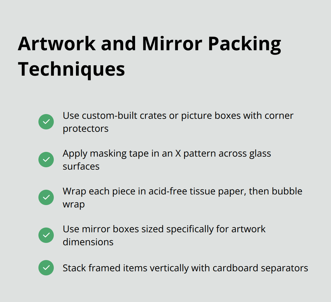A checkmark list chart showing five essential techniques for packing artwork and mirrors safely for moving. - how to pack your house for moving