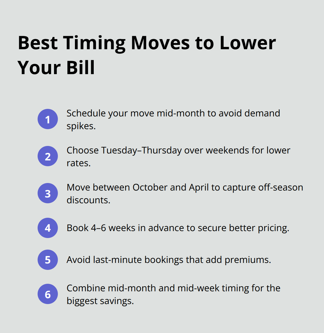 Compact list of timing tactics that reduce moving costs in the U.S.