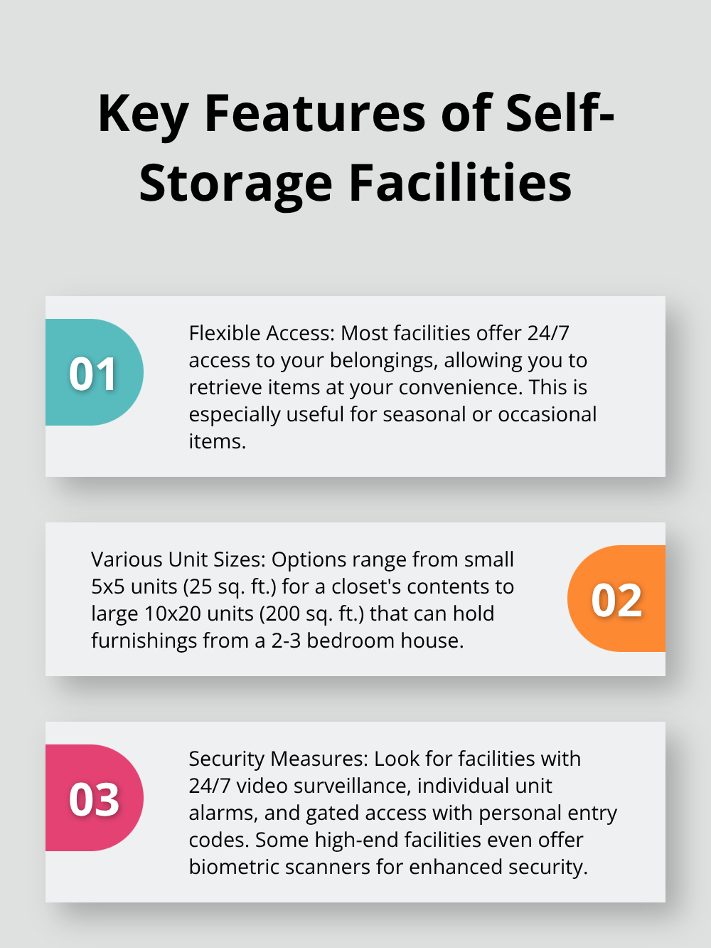 Ordered list showing three key features of self-storage facilities: flexible access, various unit sizes, and security measures. - long term storage options