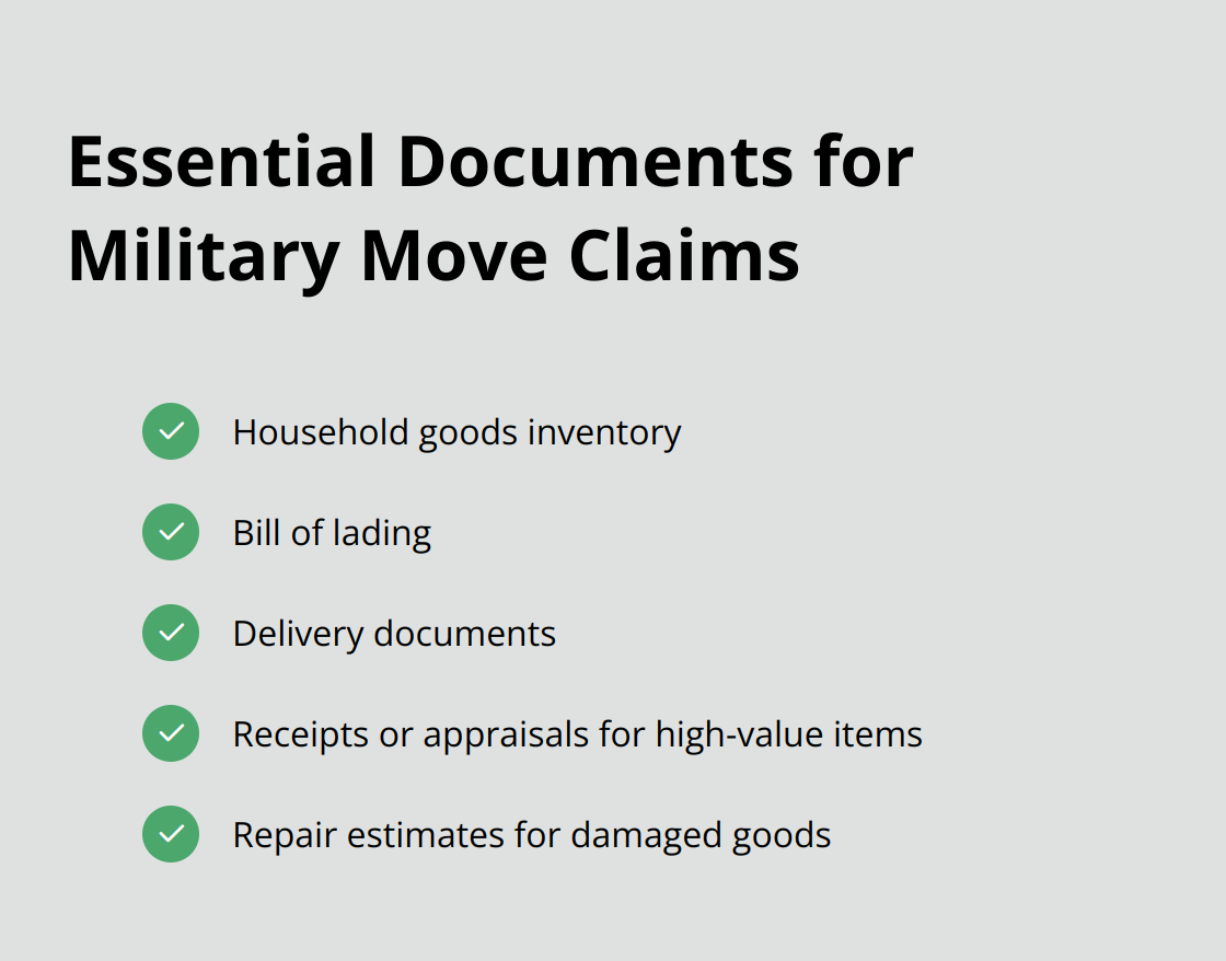 Checklist of essential documents for military move claims: household goods inventory, bill of lading, delivery documents, receipts or appraisals, and repair estimates.
