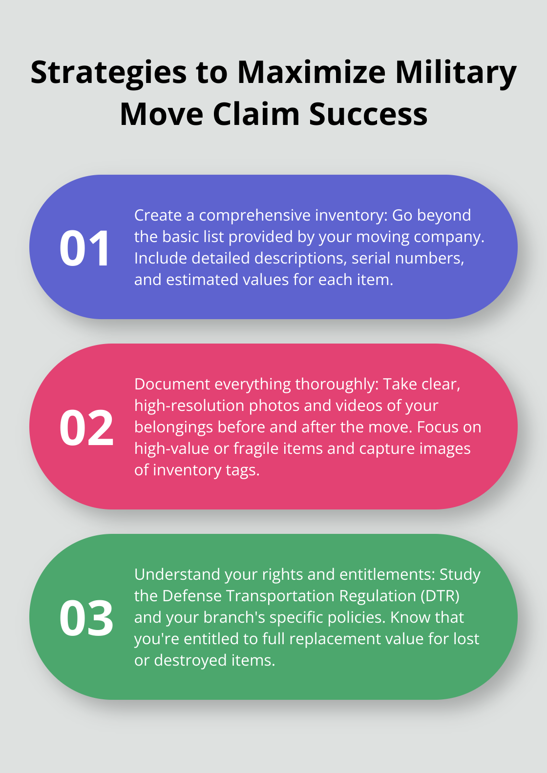 Three key strategies for maximizing military move claim success: Create a comprehensive inventory, document everything thoroughly, and understand your rights and entitlements.