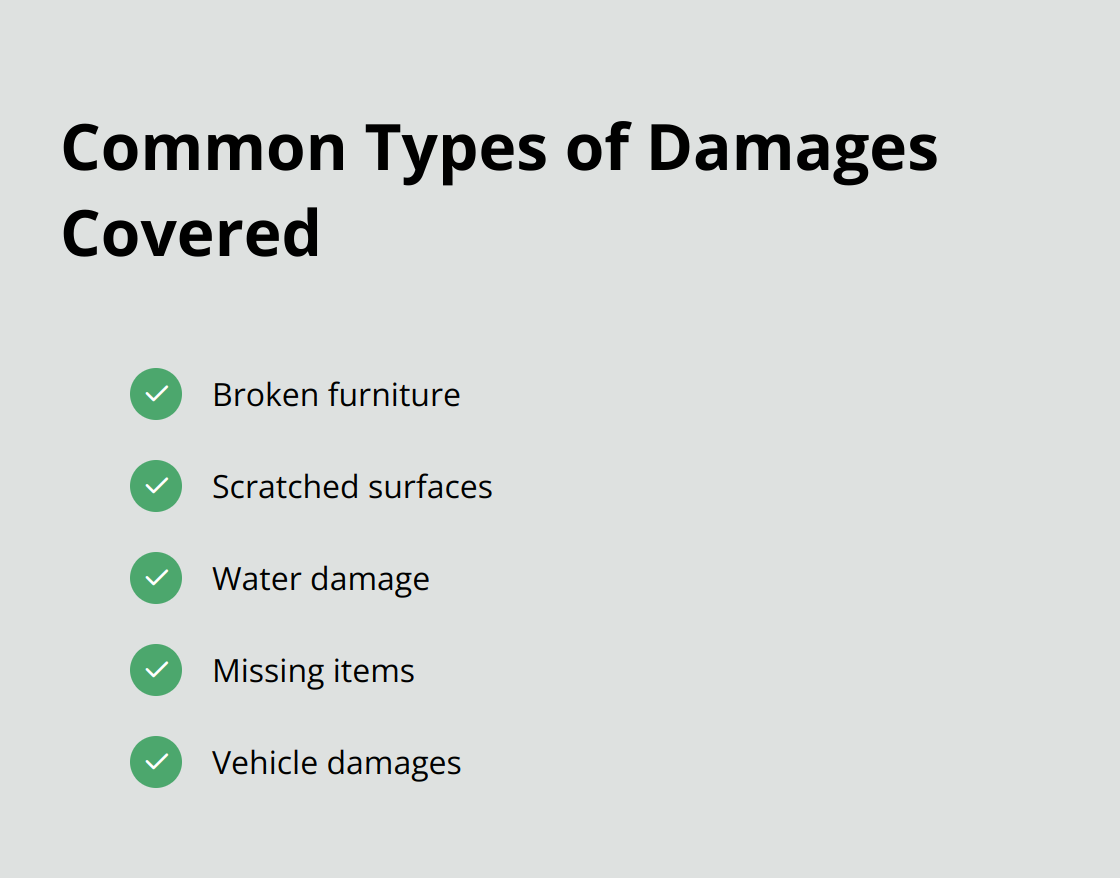 Checklist of common damages covered in military move claims: broken furniture, scratched surfaces, water damage, missing items, and vehicle damages.