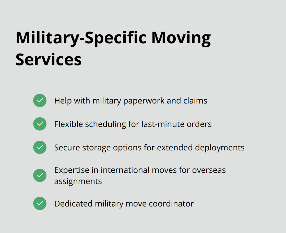 Checkmark list chart showing five specialized services offered by military-friendly movers: help with paperwork and claims, flexible scheduling, secure storage options, expertise in international moves, and dedicated military move coordinator.