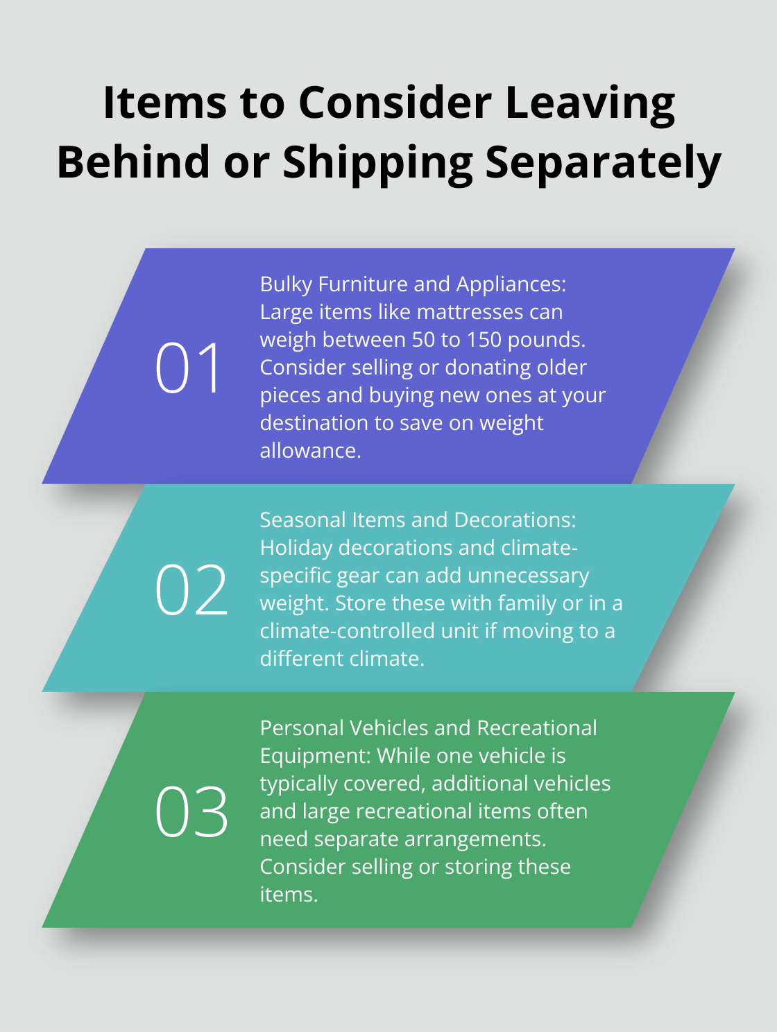 An ordered list of three categories of items to consider leaving behind or shipping separately during a military move: bulky furniture and appliances, seasonal items and decorations, and personal vehicles and recreational equipment.