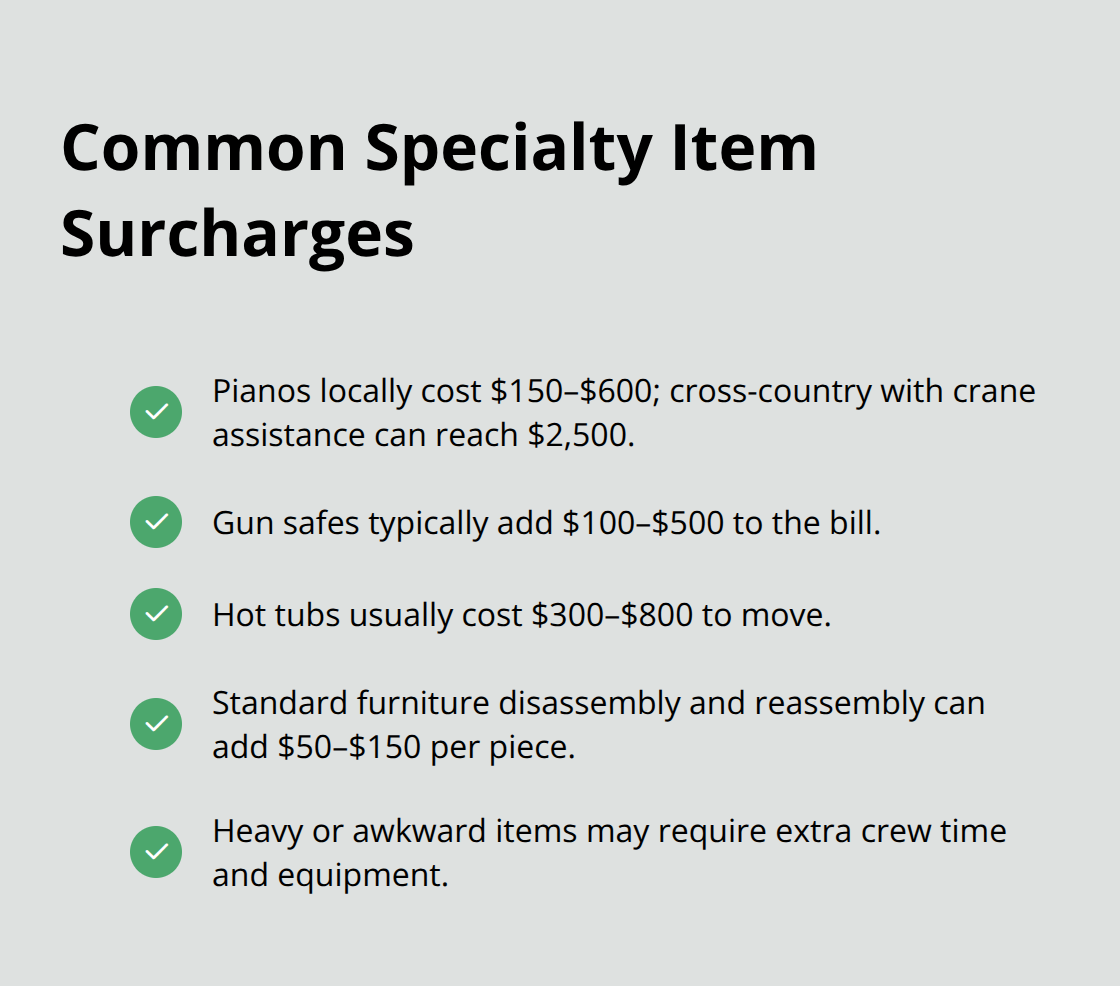 Typical surcharges for specialty items during a move