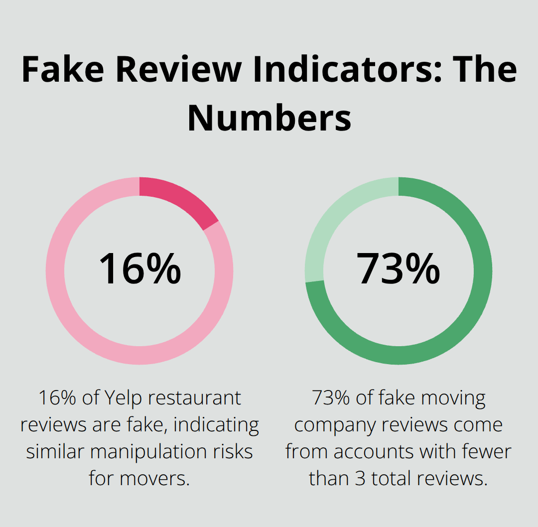 Percentages highlighting fake review prevalence and low-activity account patterns - moving company reviews