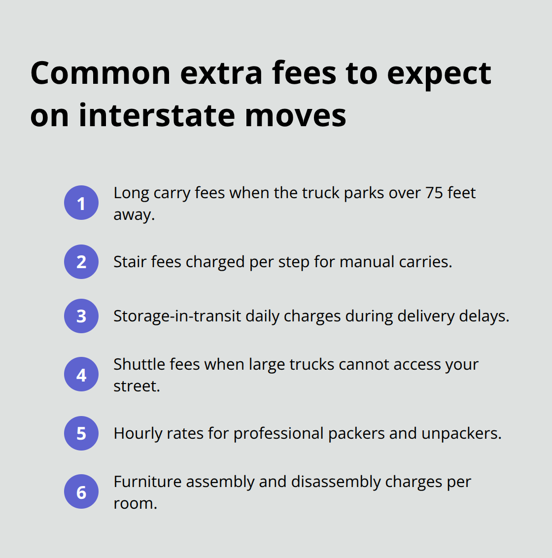 Compact list of typical add-on moving charges in the United States - moving house long distance