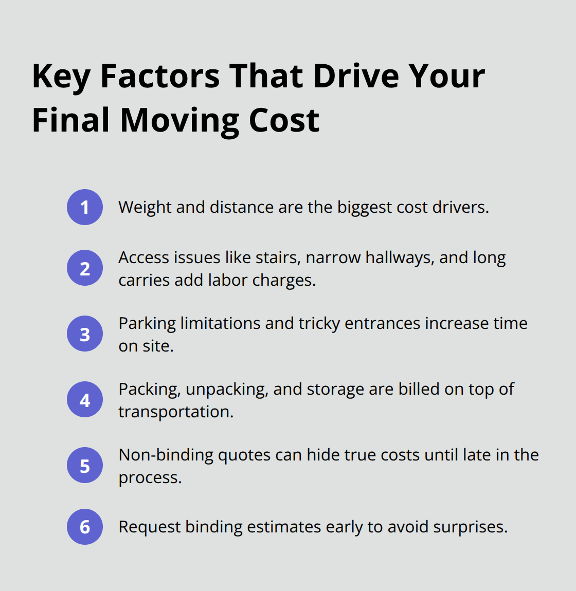 Compact list summarizing the main factors that increase moving costs with National Van Lines