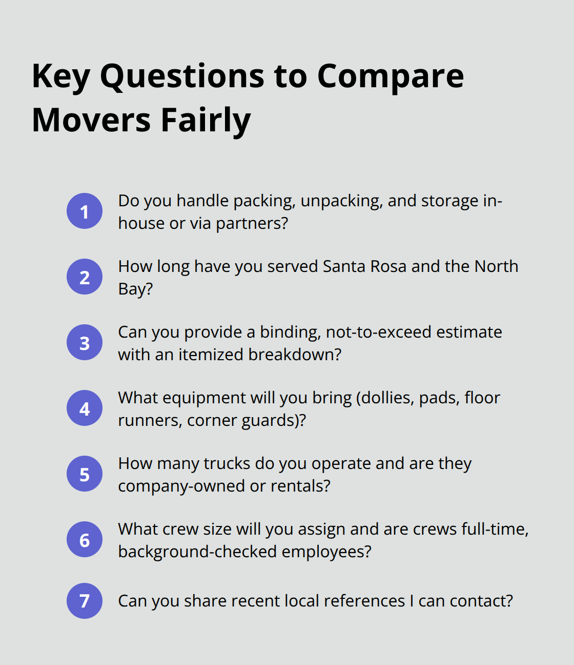 Compact checklist of questions to ask movers about services, equipment, and staffing