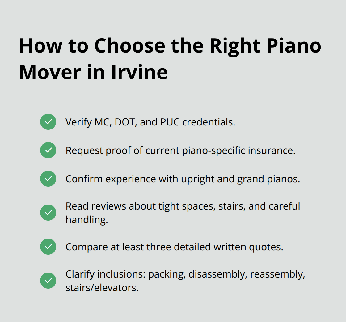 Checklist of key steps to evaluate and hire a qualified piano mover in Irvine, CA. - piano movers irvine ca