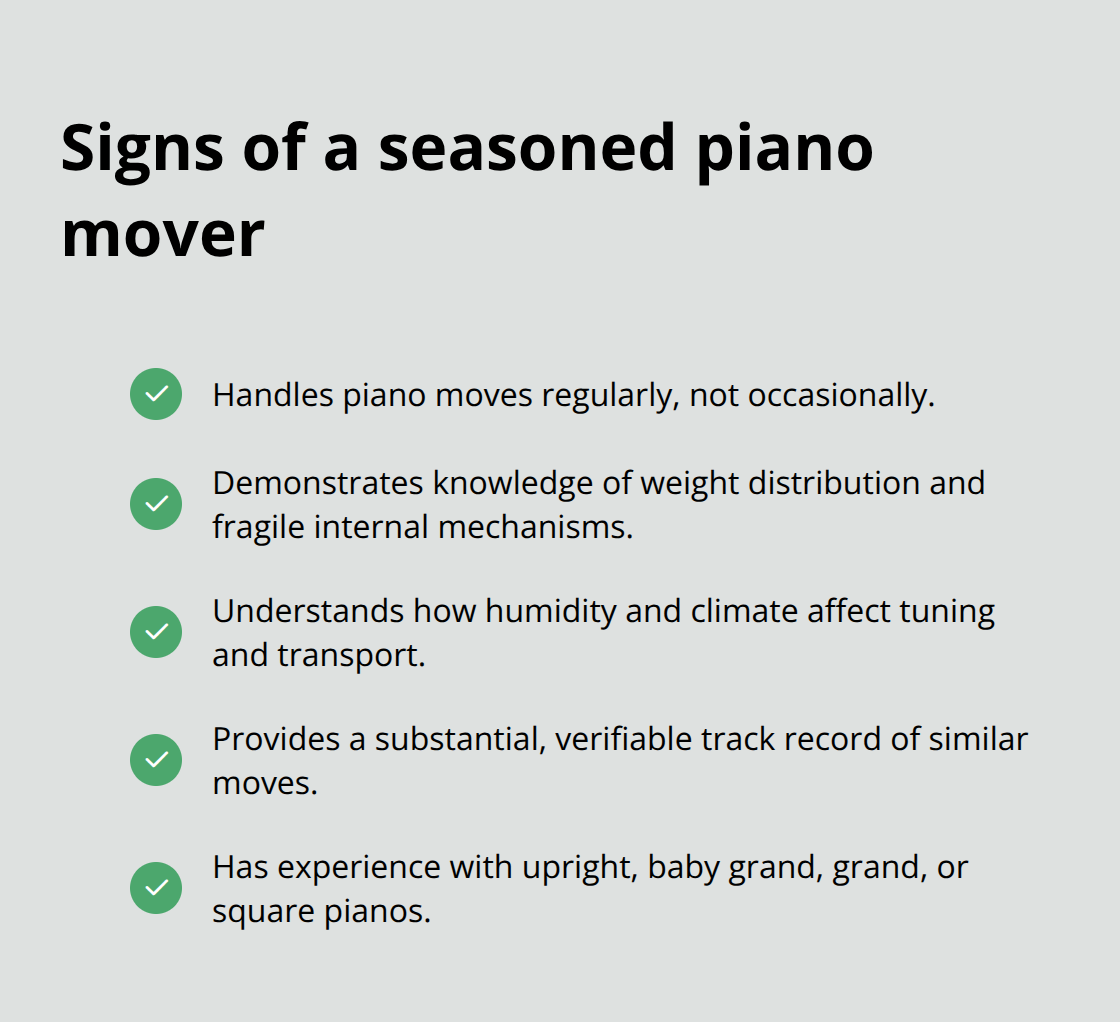 Checklist of experience indicators for piano movers in Santa Clarita