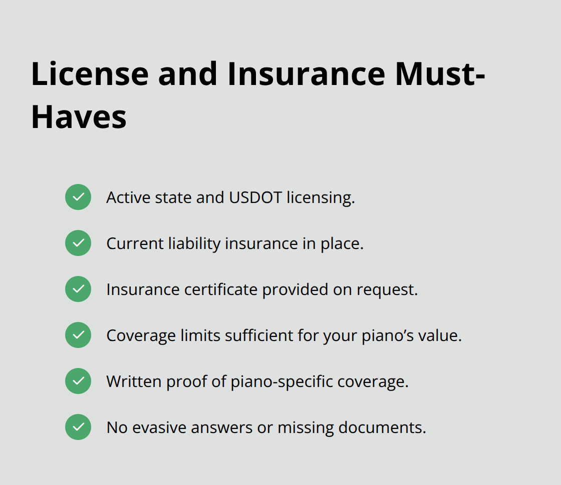 Checklist of licensing and insurance items to verify with a piano mover - piano movers ventura ca