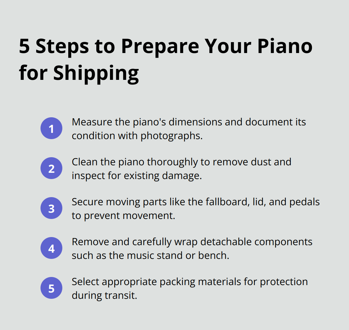 A list of five steps to prepare a piano for shipping: measure and document, clean thoroughly, secure moving parts, handle detachable components, and choose packing materials. - piano shipping
