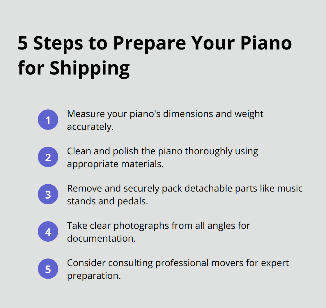 An ordered list showing 5 steps to prepare a piano for shipping: measure, clean, secure components, document condition, and consult professionals. - piano shipping