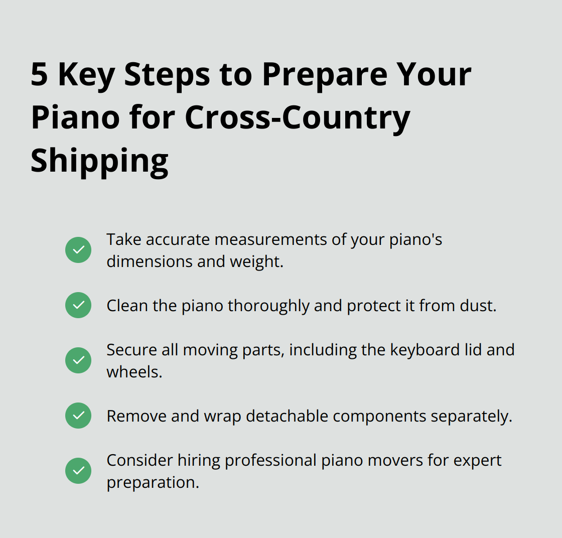 Checklist of 5 essential steps to prepare a piano for cross-country shipping: Take accurate measurements, Clean and protect, Secure moving parts, Handle detachable components, Consider professional assistance.