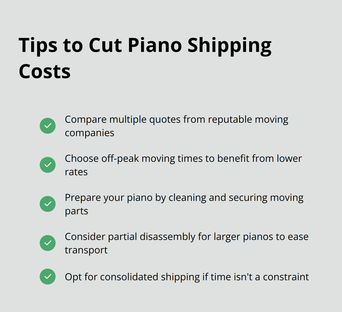 A checkmark list chart showing five tips to reduce piano shipping costs: compare multiple quotes, choose off-peak moving times, prepare your piano, consider partial disassembly, and opt for consolidated shipping. - shipping piano cost