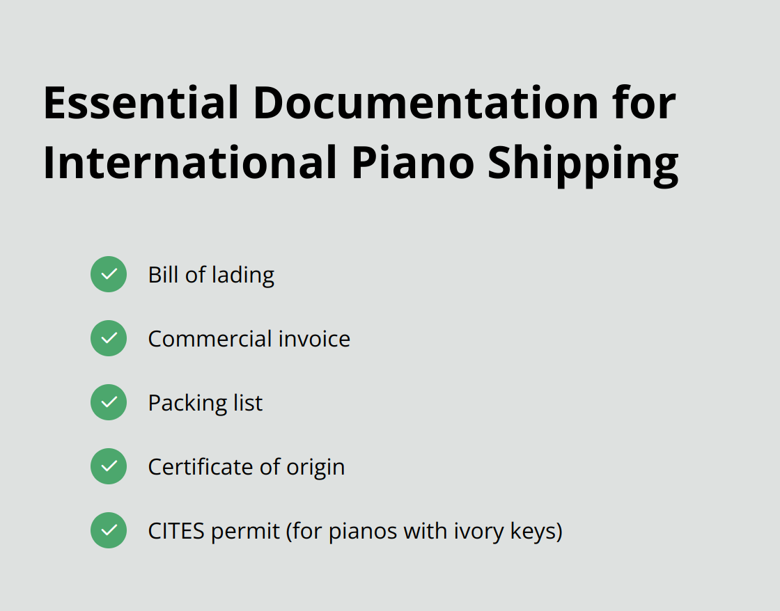 Checklist of required documents for international piano shipping, including bill of lading, commercial invoice, packing list, certificate of origin, and CITES permit - shipping piano overseas cost