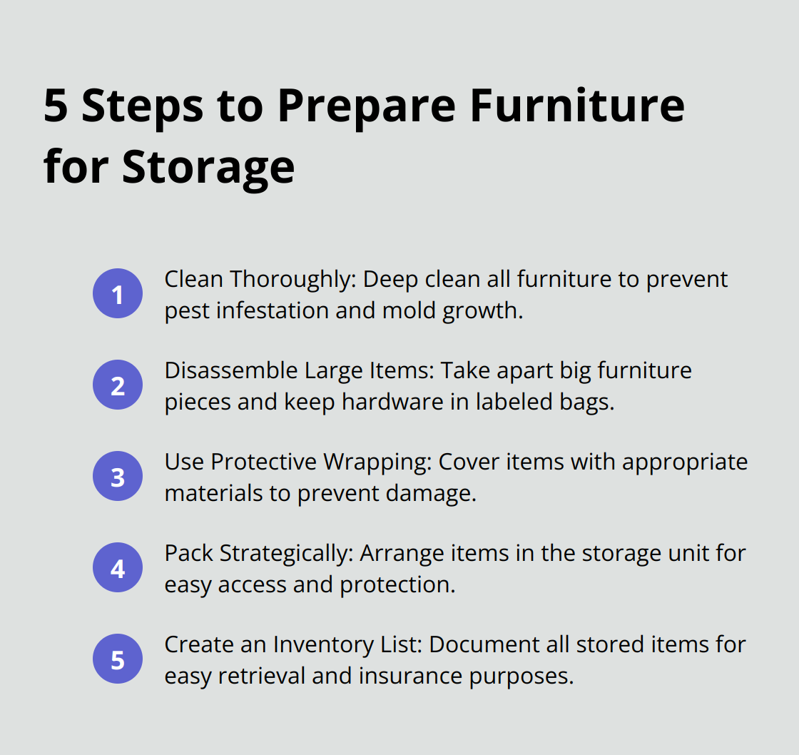 Ordered list of 5 steps to prepare furniture for storage: Clean Thoroughly, Disassemble Large Items, Use Protective Wrapping, Pack Strategically, and Create an Inventory List - short-term furniture storage