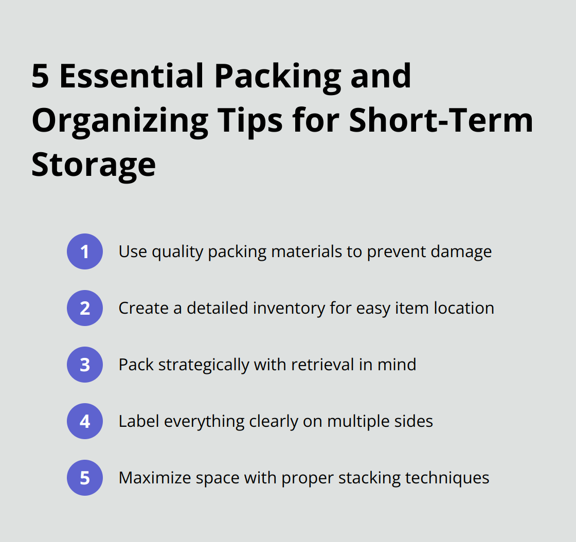 An ordered list of 5 essential packing and organizing tips for short-term storage: Use quality packing materials, Create a detailed inventory, Pack strategically, Label everything clearly, and Maximize space with proper stacking.