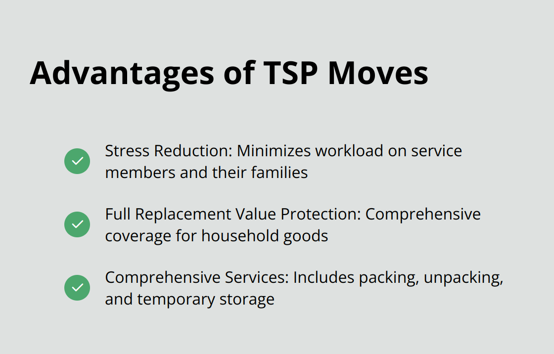 Checklist of three key advantages of TSP military moves: stress reduction, full replacement value protection, and comprehensive services.