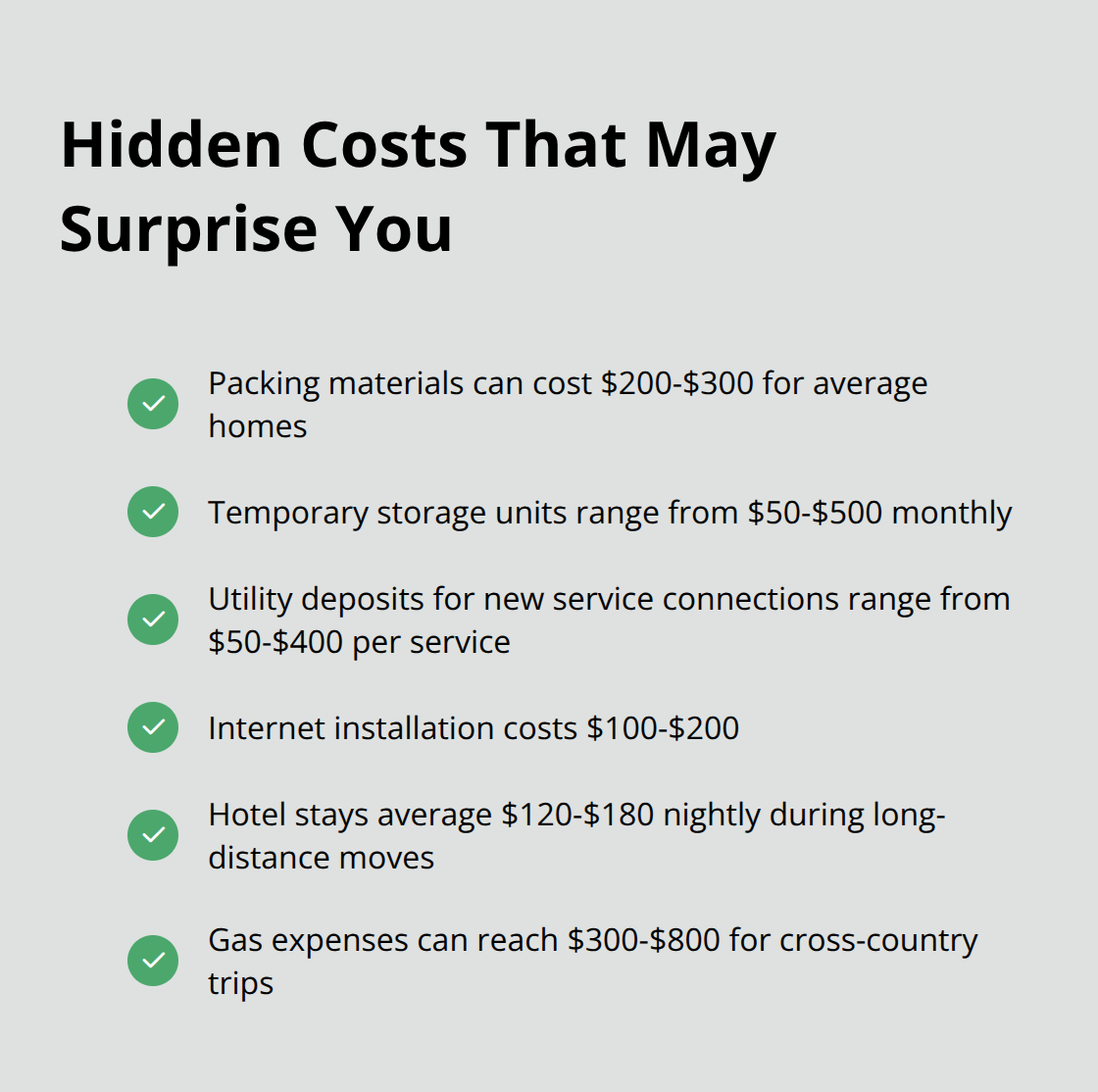 Checkmark list of hidden costs associated with moving, including packing materials, storage, utility setup, and travel expenses - typical cost of moving house