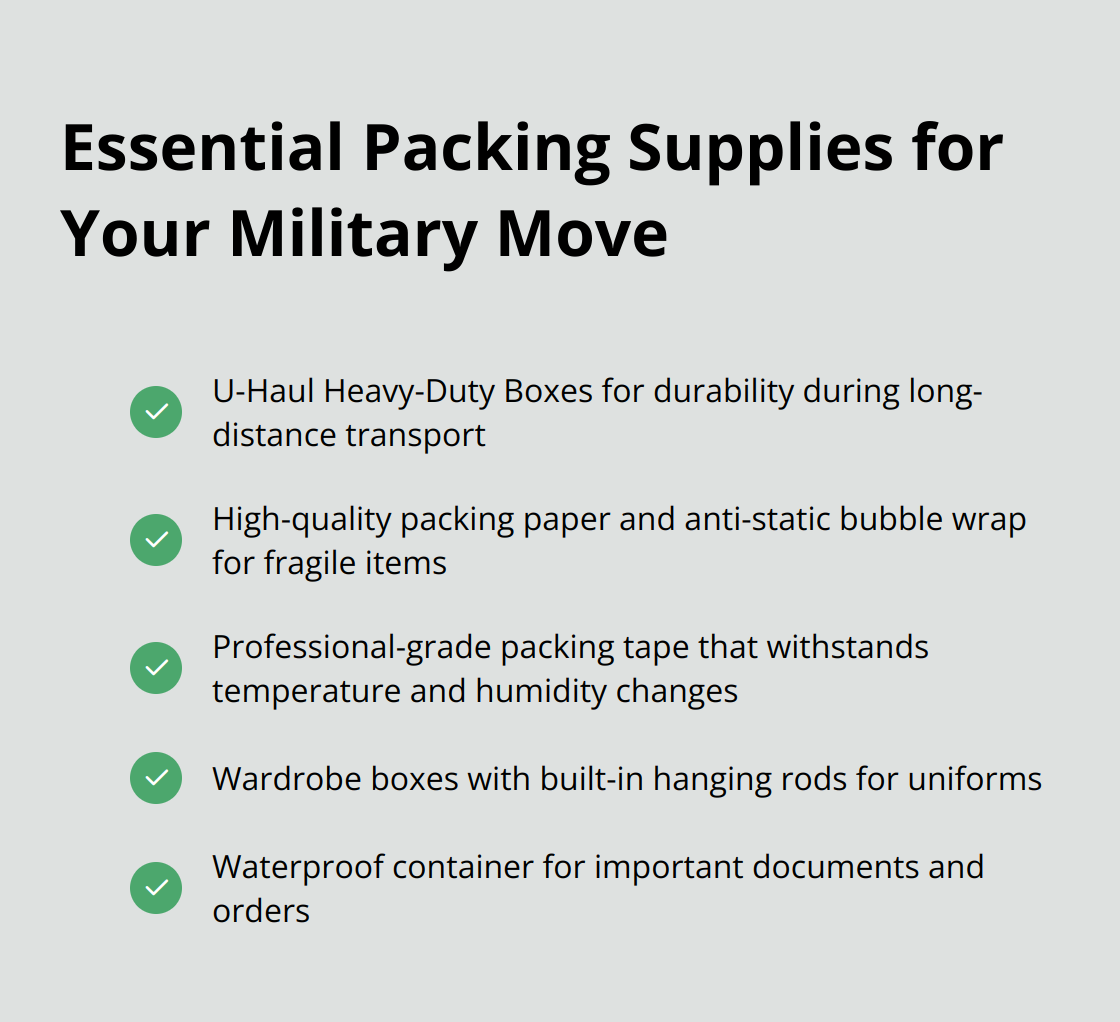 A checkmark list chart showing essential packing supplies for a military move, including heavy-duty boxes, packing paper, bubble wrap, packing tape, and specialized containers. - uhaul military move